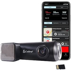 Automašīnas kamera Cobra Smart Dashcam (SC 100) — Full HD 1080P izšķirtspēja, iebūvēts WiFi un GPS, 140 grādu skata leņķis, 8 GB SD karte, sadalīti trauksmes signāli, ziņojumi par negadījumiem, avārijas MayDay, lietotne Drive Smarter