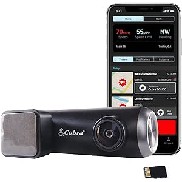 Automašīnas kamera Cobra Smart Dashcam (SC 100) — Full HD 1080P izšķirtspēja, iebūvēts WiFi un GPS, 140 grādu skata leņķis, 8 GB SD karte, sadalīti trauksmes signāli, ziņojumi par negadījumiem, avārijas MayDay, lietotne Drive Smarter