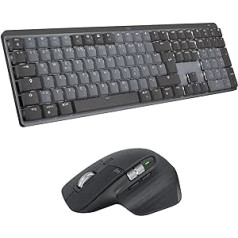 Logitech MX mehāniskā bezvadu apgaismota tastatūra standarta izmēra lineāra, MX Master 3S bezvadu augstas veiktspējas Bluetooth pele, MacOS, Windows, Linux, iOS, Android, DEU QWERTZ — pelēka