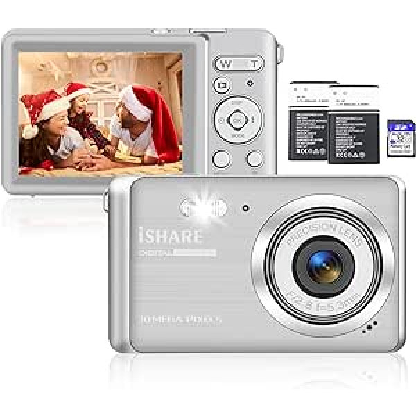 ISHARE digitālā kamera iesācējiem — 30 MP 1080P 18X digitālā tālummaiņa 2,8 collu LCD ekrāns, kamera ar 2x baterijām un 32G SD karti, ideālas kameras fotografēšanas entuziastiem (sudrabs)