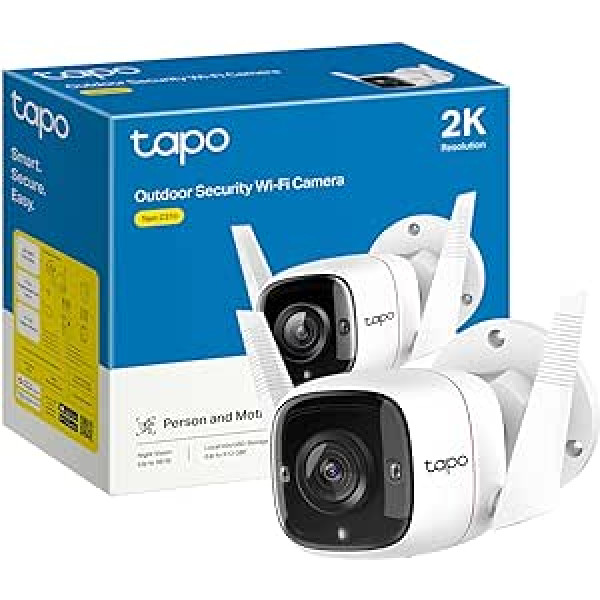 TP-Link Tapo 2K āra drošības kamera, kustības noteikšana, IP66 pret laikapstākļiem, iebūvēta sirēna, divvirzienu audio, 3MP, nakts redzamība, mākoņa un SD karšu krātuve, darbojas ar Alexa un Google Home (Tapo C310)