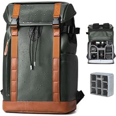 TARION Camera Backpack, Waterproof Photo Backpack, Camera Bag: Leather Camera Backpack, DSLR SLR Camera Backpack, Reflex with 14 Inch Laptop Compartment, Rain Cover (M, Green)