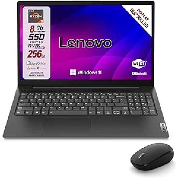 Lenovo, klēpjdators piezīmjdators, Amd Ryzen 3 7Th, RAM 8 GB, SSD 256 GB, displejs 15,6 Zoll FHD, tīmekļa kamera, 3 USB, WLAN, HDMI, Win11 Pro, bezmaksas birojs, konfigurācijas un ērtuma regulēšana + kabellose Maus