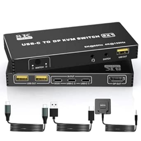 DisplayPort KVM slēdzis USB C 8K @ 60Hz 4K @ 120Hz, 2 in 1 Out DP KVM slēdži 2 datori 1 monitori 2 datoriem, koplietošana 1 monitors un 3 USB 2.0 ierīces Atbalsta galddatoru kontrolieri