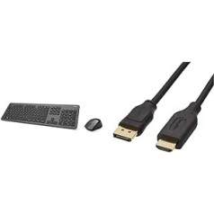 „Hama“ belaidės klaviatūros pelės rinkinys (QWERTZ klavišų išdėstymas, belaidė ergonomiška pelė), juodas antracitas ir „Amazon Basics“ „DisplayPort“ į HDMI laidas su paauksuotomis jungtimis 1,8 m