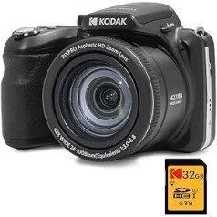 KODAK Pixpro Astro Zoom AZ425 — digitālās kameras tilts, 42x optiskā tālummaiņa, 24 mm platleņķis, 20 MP LCD 3, video Full HD 1080p, litija jonu akumulators — melns