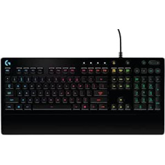 Logitech G213 Gaming Keyboard Prodigy, RGB apgaismojums, programmējami G taustiņi, multivides vadības ierīces, integrēts plaukstu balsts, drošs pret šļakatām, spāņu QWERTY izkārtojums — melns