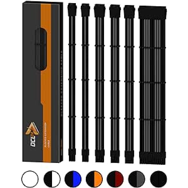 dcl24.de 30 cm Sleeved Cable PC Extension Kit Black/Grey for Power Supply, GPU/CPU, PSU Cable Extensions with Cable Combs, Sleeved Cable PC Cable Mod Kit