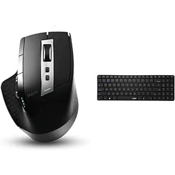 Rapoo MT750S bezvadu pele, Bluetooth un bezvadu (2,4 GHz), 3200 DPI lāzera sensors, melna un E9100M bezvadu tastatūra, Bluetooth un bezvadu (2,4 GHz), izmantojot USB, DE izkārtojums QWERTZ, melns