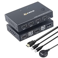 2 Port DisplayPort KVM Switch, USB KVM Switch Computer Switch for Share Keyboard, Mouse, Support for 1920 x 1200 @ 30Hz and 4K @ 30Hz Monitor