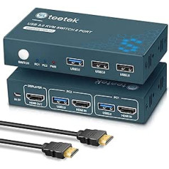 USB 3.0 KVM slēdzis HDMI 2 ports, Steetek 4K @ 60Hz 2 datora 1 monitora slēdzis, HDCP2.2 HDMI2.0 ar pogu slēdzi, Ultra HD 2 in 1 Out KVM slēdzis ar 2 HDMI kabeļiem un 2 USB 3.0 kabeļiem