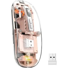 UrChoiceLtd T900 bezvadu Bluetooth pele, vairāku ierīču plānā bezvadu pele (divrežīms: BT 5.1/5.2+2.4G), 400 mAh akumulators 2400 DPI caurspīdīga optiskā USB pele piezīmjdatoram, personālajam datoram, Mac datoram, klēpjdatoram (rozā krāsā)