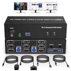 2 DisplayPort + HDMI KVM Switch 2 PC 3 Monitors 4K @ 60Hz, Triple Monitors KVM Switches with 3 USB 3.0 Ports and Audio Microphone for 2 Computers Share 3 Monitors, Supports Desktop Controller