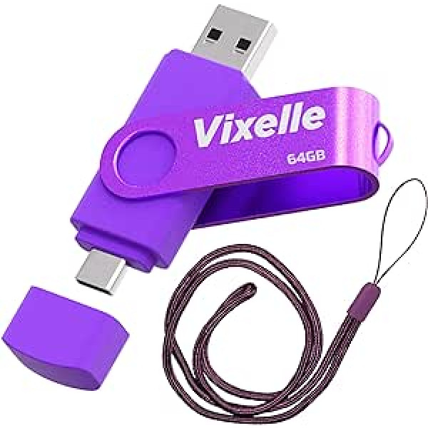 Vixelle 64 GB liela ātruma USB 3.0 C tipa zibatmiņas disks ar auklu — divi in-1 Dual USB C Memory Stick — 360° grozāms pildspalvas disks ar atslēgu piekariņa cilpu — 64 GB USB atmiņa viedtālrunim, planšetdatoram un datoram