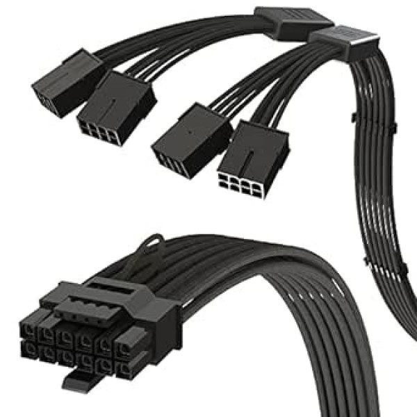 Savienojums – PCIE 5.0 4x8 Pin uz 12VHPWR (16pin/12+4) 16 AWG apvalkots lielas strāvas barošanas avota kabeļa pagarinātājs, PCIE 4.0 barošanas avots, 40 cm, melns, visi RTX4000 un RTX3000 FE GPU ir saderīgi