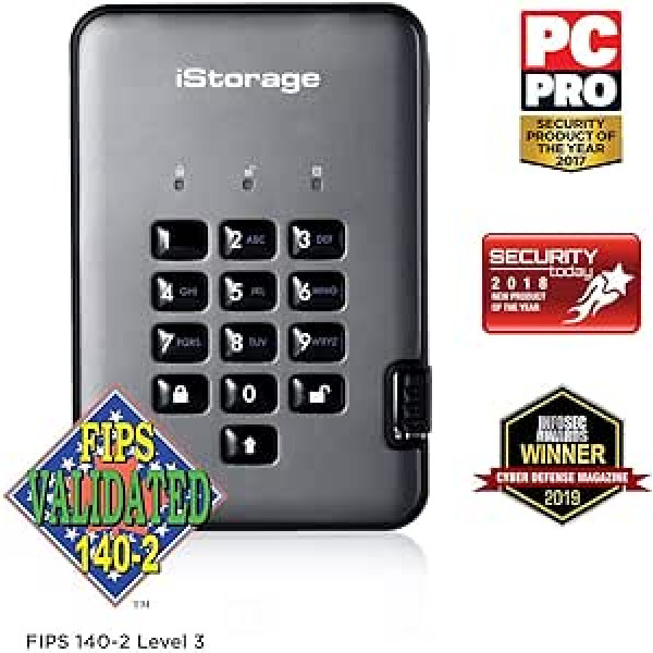 iStorage diskAshur PRO2 HDD 500 GB drošs cietais disks FIPS 3. līmeņa sertificēts ar paroli aizsargāts, putekļu/ūdens izturīgs. IS-DAP2-256-500-CX