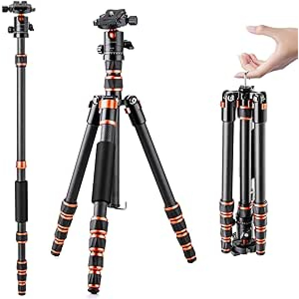 K&F Concept 152 cm Carbon Tripod, Lightweight Tripod, Flexible Camera Tripod with 360° Ball Head, 1/4 Inch Thread, Carry Bag for DSLR Camera C225C0+BH-25(BA225)