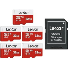 Lexar Micro SD Karte 32GB 5er Pack, Speicherkarte Micro SD mit Adapter, Bis zu 100 MB/s Lesegeschwindigkeit, UHS-I, U1, A1, V30, C10, 4K UHD microsdxc SD Karte für Kamera, Smartphone