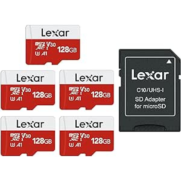 Lexar Micro SD Karte 128GB 5er Pack, Speicherkarte Micro SD mit Adapter, Bis zu 100 MB/s Lesegeschwindigkeit, UHS-I, U3, A1, V30, C10, 4K UHD microsdxc SD Karte für Kamera, Smartphone