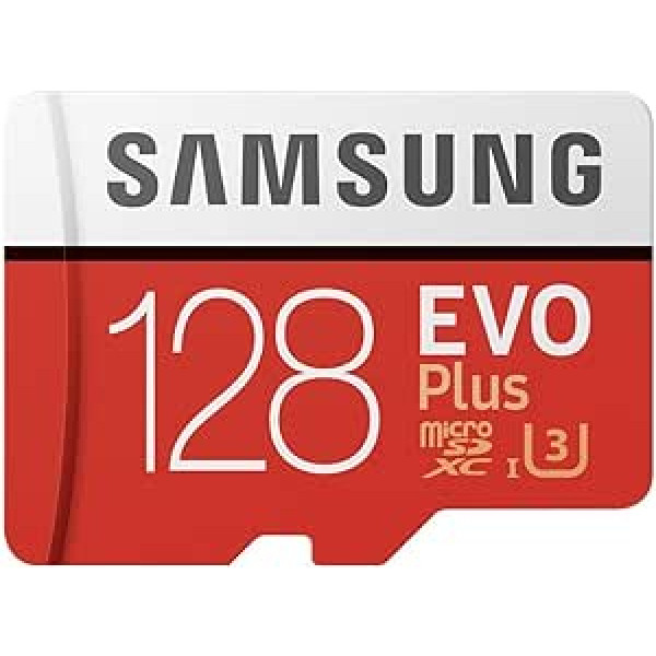 Samsung EVO Plus Micro SDXC 128GB iki 100MB/s, 10 klasės U3 atminties kortelė (su SD adapteriu) raudona/balta