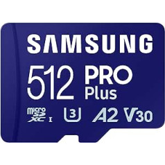 Samsung PRO Plus microSD karte + SD adapteris 512 GB mobilajām spēlēm viedtālruņos, planšetdatoros un rokas konsolēs, UHS-I U3, Full HD un 4K UHD, 180 MB/s lasīšanas, 130 MB/s rakstīšanas, MB-MD512SA/EU