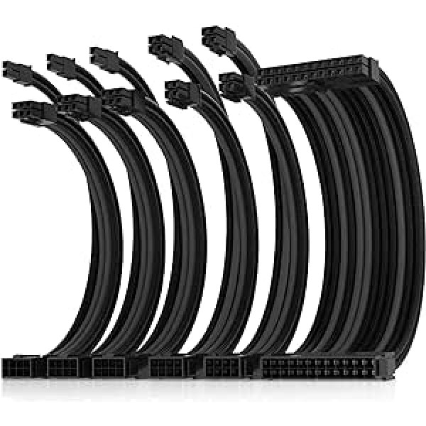 AsiaHorse 16AWG Sleeved Cable Kit for PC/GPU/CPU, PSU Cable Extension, PC Power Supply Extensions Cable with Cable Combs, 24 PIN/(6+2) PIN/(4+4) PIN Cable Management, 30 cm, Black + Grey