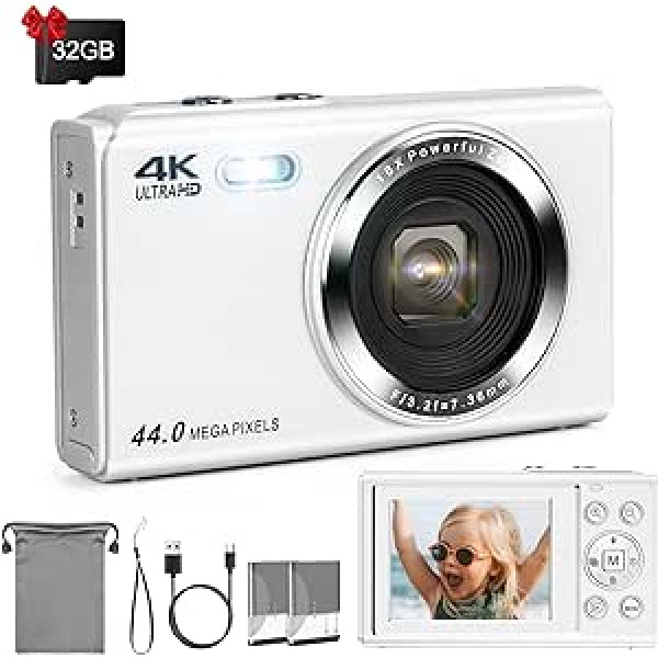 LAMA digitālā kamera, mini digitālās kameras, 4K 44MP fotokamera, autofokusa kompaktā kamera, 2,4 collu LCD 16x tālummaiņas zibspuldzes digitālā kamera ar 32G karti, 2 baterijām, fotokamera bērniem, pusaudžiem,