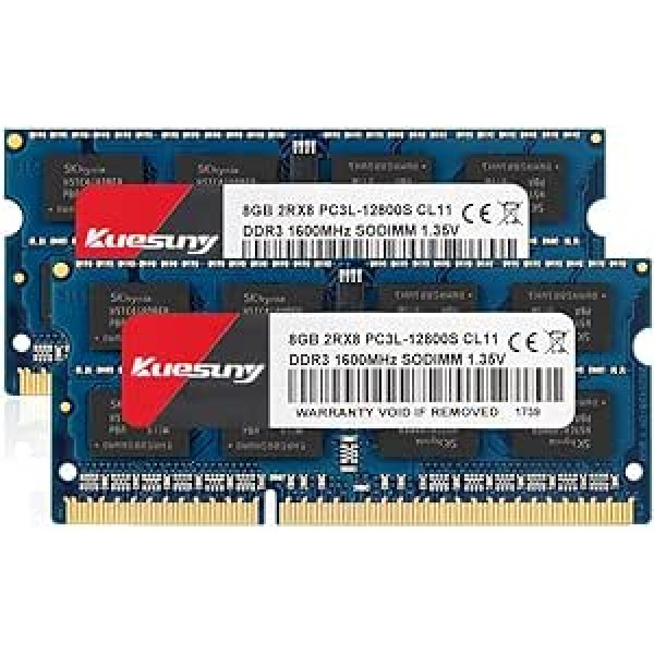 Kuesuny 16GB KIT (2 x 8GB) DDR3L / DDR3 1600MHz Sodim RAM PC3L / PC3 12800S PC3L / PC3 12800 1.35V / 1.5V CL11 204 Pin 2RX8 Dual Rank RAM Nav buferis