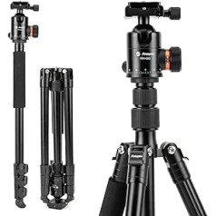 Fotopro 165 cm / 65 inch camera tripod, 2-in-1 aluminium travel tripod and 360° head leg, removable monopod for DSLR Canon Nikon Sony Leica, maximum load 10 kg/22 lbs