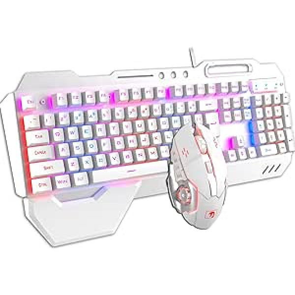 Hoopond — tastatūras un peles kombinācija, vadu hibrīda/RGB 16 veidu fona apgaismojuma baltā metāla spēļu tastatūra ar roku atbalstu + 3200 DPI 4 krāsu elpojoša viegla pele