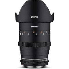 Samyang 23010 MF 35 mm T1.5 VDSLR MK2 MFT — spilgts T1.5 platleņķa kino un video objektīvs MFT stiprinājumam, 35 mm fiksēts fokusa garums, sekot fokusa zobratiem pilnrāmja kadrs, APS-C un MFT, 8K izšķirtspēja