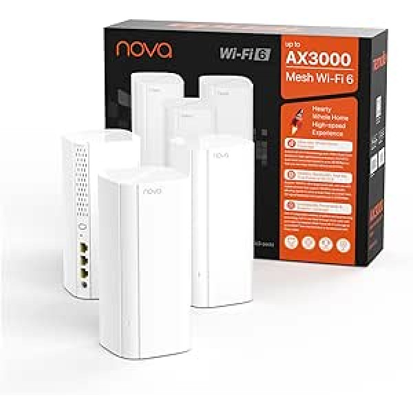 Tenda Nova MX12 Mesh WLAN WiFi 6 sistēma — AX3000 divjoslu [diapazons līdz 650 m² un 160 ierīces] — 9 x gigabitu ports — aizstāj maršrutētāju un atkārtotāju — saderīgs ar Alexa — 3 gab.