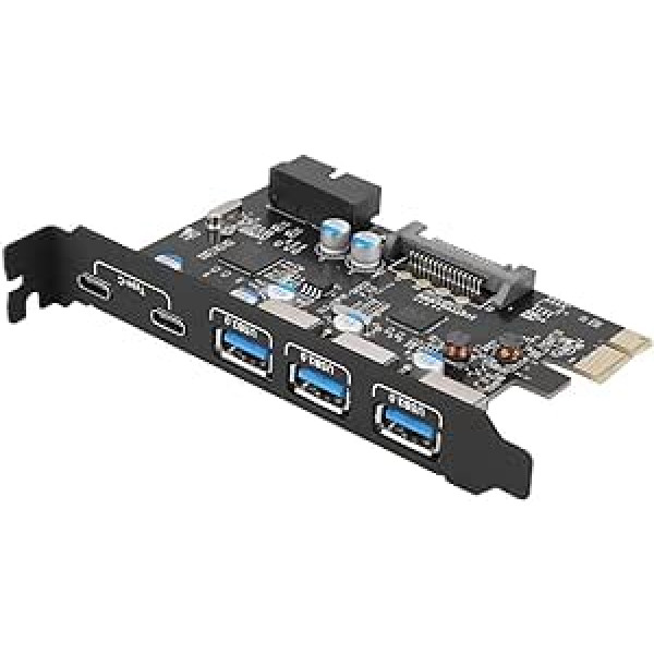 ASHATA 5 portu USB PCIe Express kontrollera karte USB 3.0/C tipa uz PCI-E paplašināšanas kartes interfeisa karte daudzfunkcionāla 3 portu USB 3.0 + 2 portu C tipa PCI-E adaptera karte operētājsistēmai Windows XP/Vista/7/8