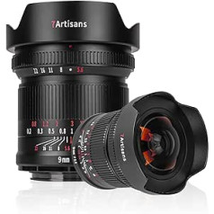 7artisans 9 mm F5.6 pilna kadra 132° platleņķa objektīvs, gandrīz nulles kropļojuma, minimālais fokusa attālums 0,2 m, saderīgs ar Sony A7 Series A7R A75 A7SII A9 A7C A1, melns