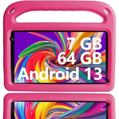 GOODTEL 2024 Children's Tablet Android 13 7 Inch, 7 GB RAM + 64 GB ROM, WiFi, Bluetooth, GPS, Education + Games, Google Play Store, Dual Camera, Child Lock, MicroSD Slot, with Eva Case - Pink