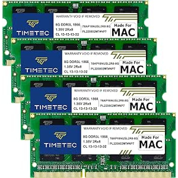 Timetec 32GB KIT (4x8GB) saderīgs ar Apple iMac Ende 2015 (27 Zoll un Retina 5K displejs) DDR3L 1867MHz/1866MHz PC3L-14900 2Rx8 CL13 1.35V 204 Pincher modulis SODIMM Spec.