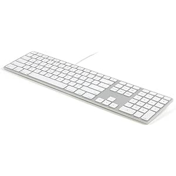 Matias FK318S alumīnija vadu USB tastatūra/tastatūra Apple Mac OS | QWERTY| ASV | mit reaktionsschnellen Flache Tasten und Zusätzlichem Ziffernblock - Silber/Weiß