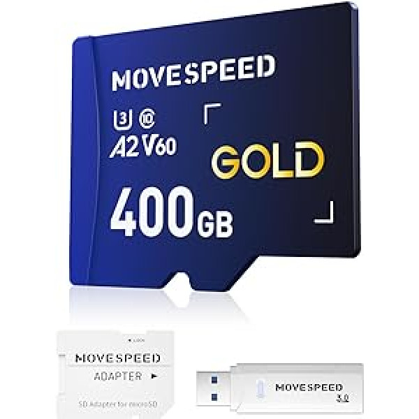 MOVE SPEED 400GB Micro SD karte līdz 170MB/s Micro SD atmiņas karte A2 U3 V60 4K Full HD video ierakstīšana ar karšu lasītāju un adapteri braukšanas ierakstītājam