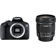 Canon EOS 2000D spoguļkameras korpuss, melns un EF-S 10–18 mm F4.5-5.6 ir STM īpaši plata leņķa objektīvs (67 mm filtra vītne), melns