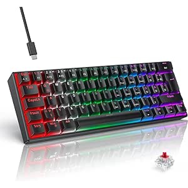 TECURS Mechanical Gaming Keyboard, Mechanical Keyboard 60% QWERTZ Red Switches for PC Gamers and Work, 61 Keys Wired Keyboard for PC Windows/PS5/PS4, Black