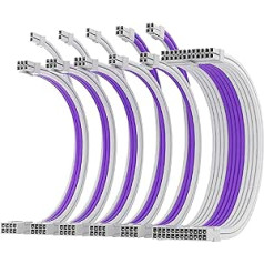 AsiaHorse 16AWG piedurkņu kabeļu komplekts personālajam datoram/GPU/CPU, barošanas bloka kabeļa pagarinātājs, datora barošanas avota pagarinājuma kabelis ar kabeļu ķemmēm, 24 PIN/(6+2) PIN/(4+4) PIN kabeļa pārvaldība, 30 cm, balts + violets