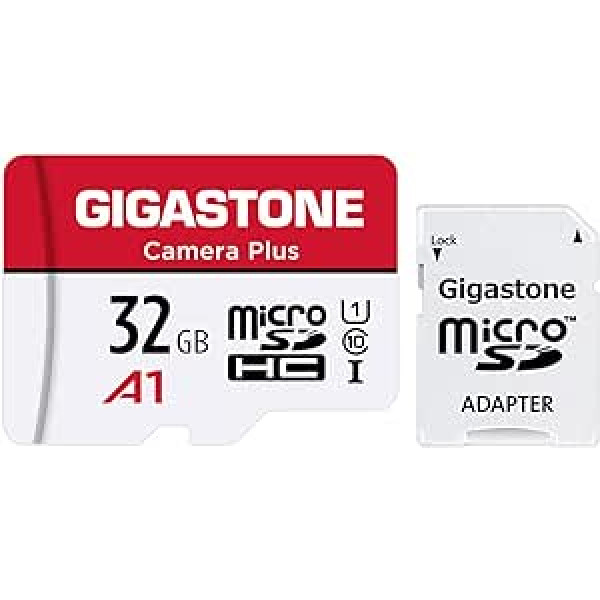 Gigastone Camera Plus 32GB MicroSDHC Memory Card + SD Adapter for Action Camera Drone and Tablet, Read Speed up to 90MB/s, Full HD Video Recording, A1 U1 Class 10 Micro SD Card UHS-I