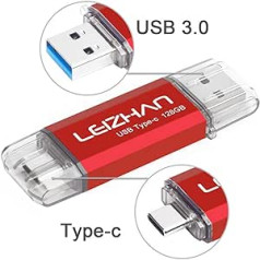 leizhan USB zibatmiņas karte 128 GB C tipa atmiņas karte OTG Memory Stick 2-in-1 zibatmiņas disks USB 3.0 pildspalvas diskdzinis personālajam datoram/klēpjdatoram/piezīmjdatoram un citam USB-C (128 GB, sarkans)