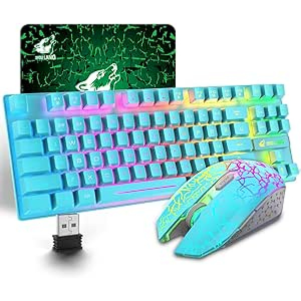 Bezvadu spēļu tastatūra un pele, 87 taustiņi Rainbow LED fona apgaismojums Uzlādējams 3800 mAh akumulators Mehāniska sajūta pret spoku veidošanos ASV izkārtojums Ergonomiska ūdensizturīga RGB pele (zila)