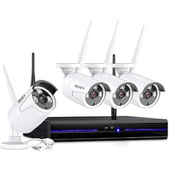 REIGY 2MP WLAN āra novērošanas kameru komplekts, Bezvadu ar audio ierakstīšanu, 4 x 1080P IP kamera + 8CH 5MP WiFi NVR, CCTV sistēma, videonovērošana ar IR nakts redzamību, ūdensizturīgs, bez cietas