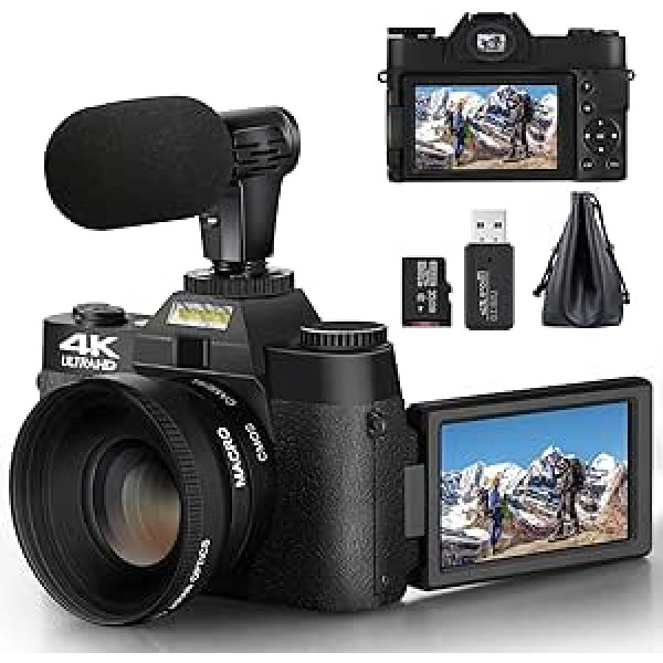 NBD NBRO digitālās kameras fotografēšanai, 4K 48MP videologošanas kamera YouTube un video, kompakta kamera ar 16x tālummaiņu, 32 GB karte un mikrofons pusaudžiem, iesācējiem, pieaugušajiem