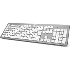 Hama KW-700 bezvadu tastatūra (klusa tastatūra, vācu taustiņu izkārtojums QWERTZ ar ciparu tastatūru personālajam datoram un klēpjdatoram, plakana tastatūra ar 12 multivides taustiņiem, ar lāzeru marķēta bezvadu tastatūra) Sudraba, balta