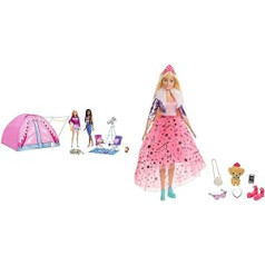 Barbie Let's Go Camping Tent ir GML76 Princesės nuotykių lėlė su madinga (apie 30 cm), blondinė, lėlė su šunimi, 2 poros batų, tiara ir 4 aksesuarai, vaikams nuo 3 iki 7 metų