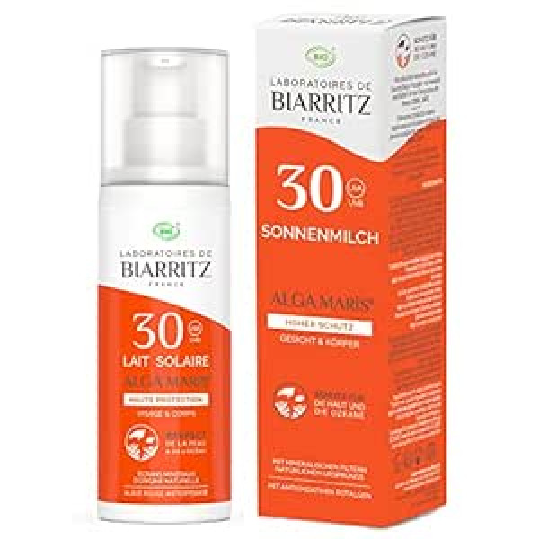 Laboratoires De Biarritz - Saules losjons SPF30 ALGA MARIS® ar organisko sertifikātu - Sejai un ķermenim - Viegla un krēmīga tekstūra - 100 ml - Ražots Francijā