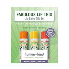 Human+Kind – Pasakų lūpų balzamų trio – 100 % natūralios kilmės – apelsinas – vanilė – avietė – veganiškas – negailestingas – atkuria ir drėkina išsausėjusias lūpas – išlaiko lūpas minkštas ir lygias – 3 g